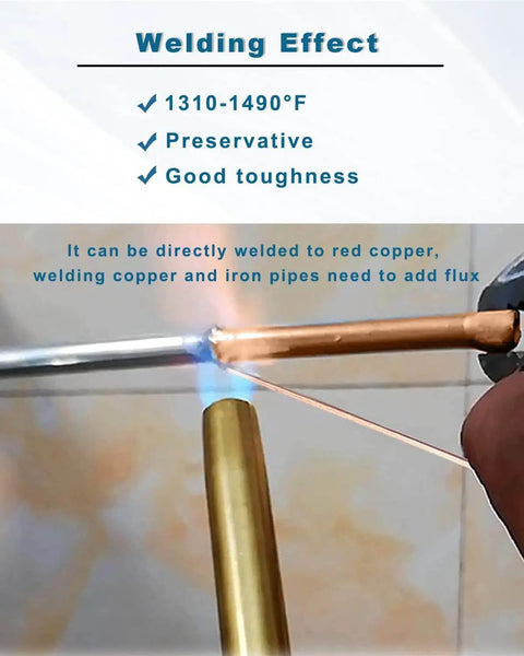 Ten 15.7 Inch Copper Brazing Rods welding demonstration with flame, suitable for low-temperature welding of copper pipes.