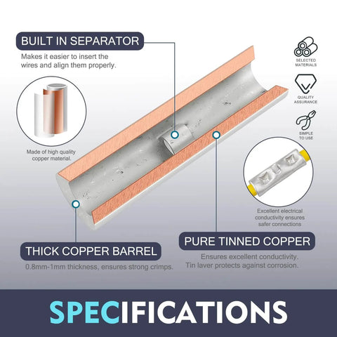Diagram of 120 Pcs Non Insulated Butt Connectors BN2 Pure Copper 0.8mm Thickness For 16 And 14 AWG Wire Gauge Crimp Ferrule Terminals Pack