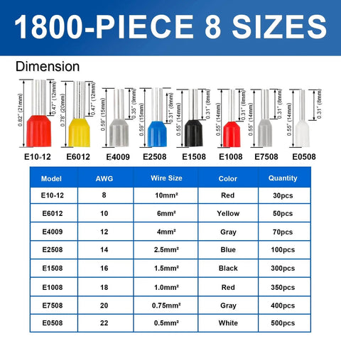 1800-Piece Tinned Copper Crimp Connectors Kit With Insulated Ferrules In AWG 22 To 8 shown with size and color chart