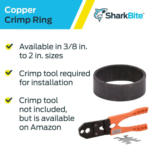 SharkBite Three Quarter Inch Copper Crimp Rings Pack Of 25 For PEX And PERT Pipe Versatile With Brass Or Poly PEX Fittings Delivers A Watertight Seal Without Soldering Ideal For Residential Plumbing, shown with crimp tool.