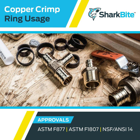 SharkBite Three Quarter Inch Copper Crimp Rings Pack Of 25 For PEX And PERT Pipe on wooden surface with fittings