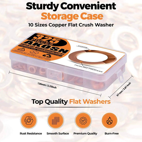 325 Piece Copper Crush Washers Assortment Kit With 10 Sizes M5 To M14 in clear storage case for automotive use