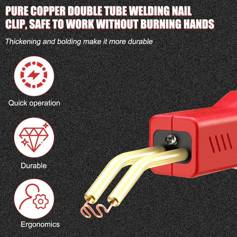 Close-up of Portable Car Plastic Welder Kit with pure copper double tube welding nail clip and ergonomic design features.