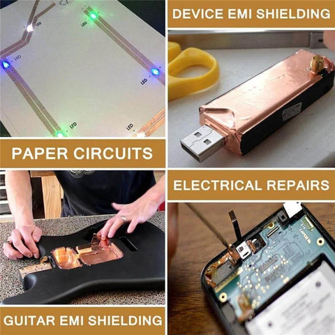 Copper Foil Tape With Double Sided Conductive Adhesive, 4 Inch And 33 Feet used in paper circuits, device shielding, electrical repairs, guitar EMI shielding.
