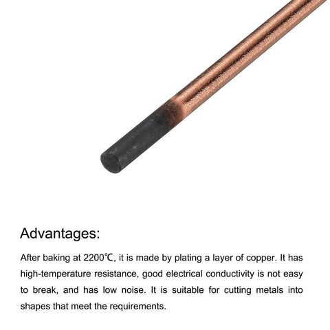 Close-up of a copper graphite coated welding electrode from Carbon Arc Gouging Rods Set 10 Pcs 6mm X 305mm, showcasing high temp resistance.