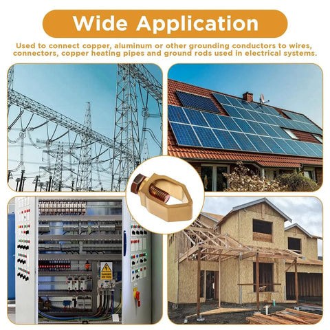 Image showing applications of two pack copper ground rod clamps for direct burial in electrical systems, including solar panels and construction.