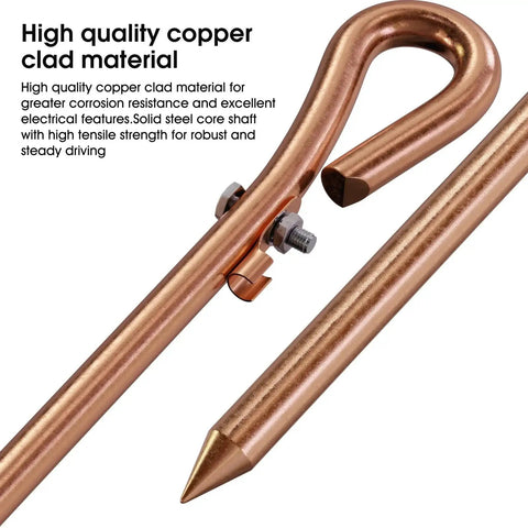 Portable Copper Ground Rod With Ground Wire Lug, Half Inch Diameter, Eighteen Inch Long, preinstalled pigtail close-up view