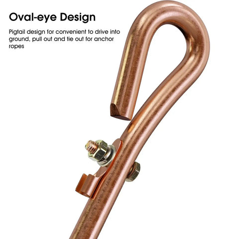 Portable Copper Ground Rod With Ground Wire Lug, Half Inch Diameter, Eighteen Inch Long, showing oval-eye design and lug