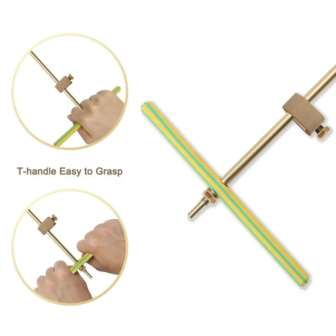 Hands gripping T-handle of Copper Grounding Rod For Electric Fence And Generator, focus on 0.28 inch diameter, clamp visible