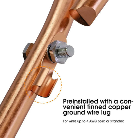 Portable Copper Ground Rod With Ground Wire Lug, Half Inch Diameter, close-up of preinstalled pigtail for wires up to 4 AWG