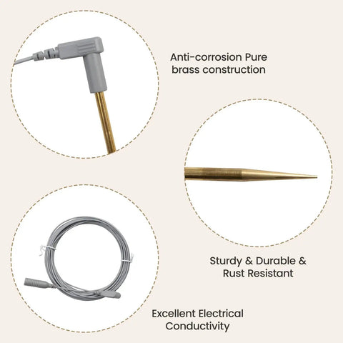 Grounding Rod With 40ft Wire Connects Your Body To The Earth, featuring pure brass rod with braided steel cable, designed for earthing sheets.