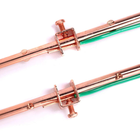 Copper Grounding Rod Four Feet Long Three Eighth Inch Diameter With Attached Ground Rod Clamp alongside copper wires