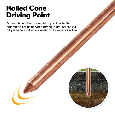 Close-up of 4 Foot Copper Bonded Grounding Rod With 3 Eighth Inch Diameter showing rolled cone driving point and soil penetration