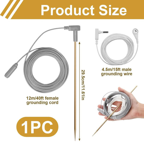 Copper Grounding Rod Kit With 40 Foot Grounding Wire And Alligator Clip shown with 12 inch pure copper rod and coiled cords
