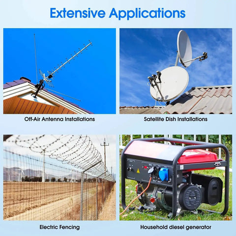 Pro Grade Four Foot Copper Grounding Rod Kit With Clamp And Warning Tags in use for antennas, satellite dishes, fences, and generators