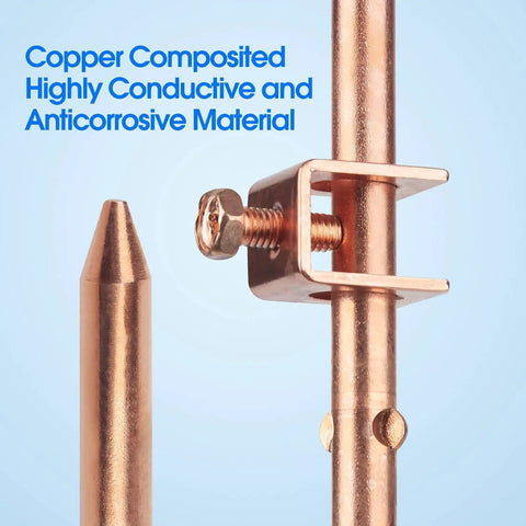 Close-up of Pro Grade Four Foot Copper Grounding Rod Kit With Clamp And Warning Tags showing copper rods and clamp details.
