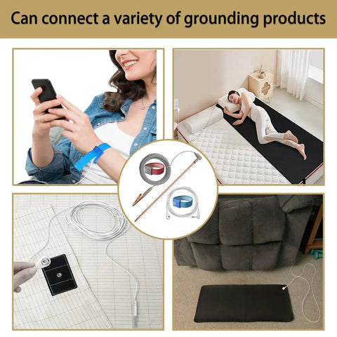 Copper Grounding Rod Kit With 40Ft Female Ground Cord for mats, blankets, featuring wristband and grounding pad setup.