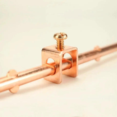 Copper Grounding Rod With Attached Wire Clamp For Antennas And Satellite Dishes, close-up on copper clamp, Skywalker 4ft rod