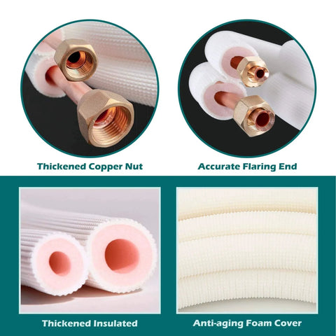 Mini Split Line Set Kit With Sixteen Foot Copper Line Pipes detail of copper nut, flaring end, thickened insulation, and foam cover.