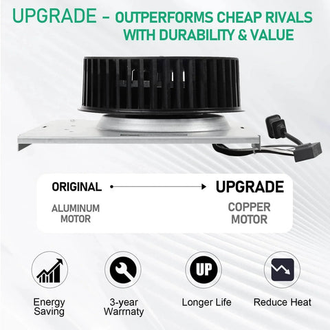 Copper motor replacement for Nutone 9x9 bathroom fans, shown with energy-saving features and 3-year warranty details.