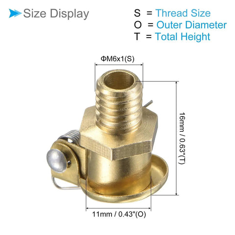 Copper Oil Cup Cap Set With M6x1 Thread For Lathe Machines And Mechanical Lubrication, showing size details: 11mm OD, 16mm height.