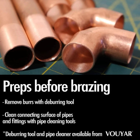 Close-up of copper pipe fittings for prepping before brazing, including cleaning instructions.