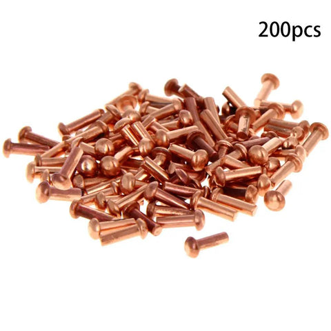 Round Head Copper Solid Rivets 200 Pack For Electrical Projects M2 Size 0.08 Inch Diameter By 0.24 Inch Length Copper Finish