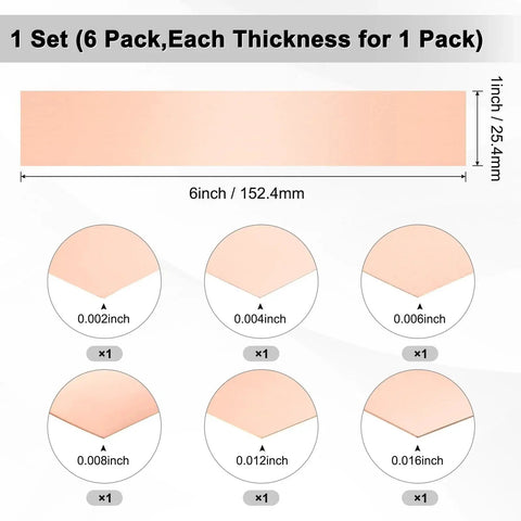 Copper Shim Strip Set For DIY Crafting And Jewelry Making With 6 Inch Length And 1 Inch Width Flat Copper Sheet In Multiple Thicknesses 0.002 0.004 0.006 0.008 0.012 And 0.016 Inch MeterXity