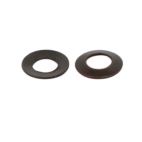 Two 8mm Belleville Spring Washers 4.2mm Inner 0.4mm Thick Copper Tone DIN2093 on a white background