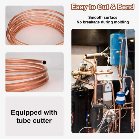 Copper Tubing 1/4 Inch Outer Diameter 3/16 Inch Inner Diameter 25 Feet Seamless Round TP2 Pure Soft Coil 99.9 Percent C12200 Refrigeration ACR for Propane HVAC Systems and Refrigerators DIY Industrial Grade shown in coil and installed in a system.