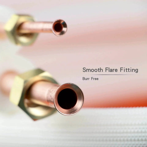 Close-up of 16 Ft Mini Split Line Set with 1/4 in and 3/8 in OD copper tubing with flared nuts for air conditioner