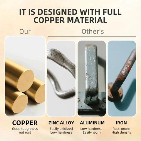 Comparison chart showing copper versus zinc alloy, aluminum, and iron materials for Solid Brass Brushed Gold Cabinet Knobs Set Featuring Heavy Duty Real Brass Construction And Elegant Brushed Finish 1-1/8 Inch Round Knobs Ideal For Kitchen Cabinets Bathroom Vanities Bedroom Dressers And Closets Includes 4 Pieces For Quick Upgrades.