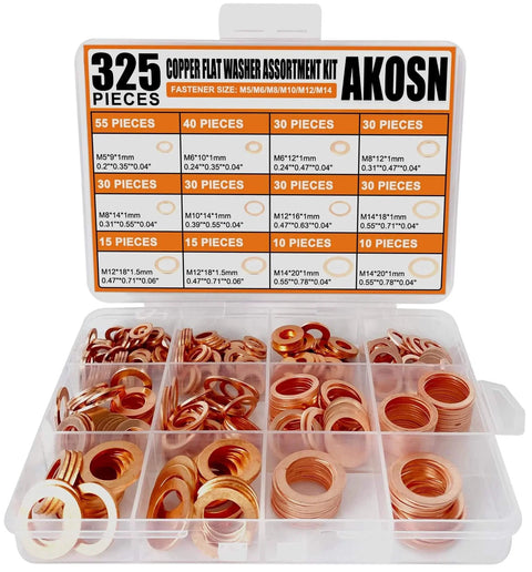 325 Piece Copper Crush Washers Assortment Kit With 10 Sizes M5 To M14 displayed in a clear storage box
