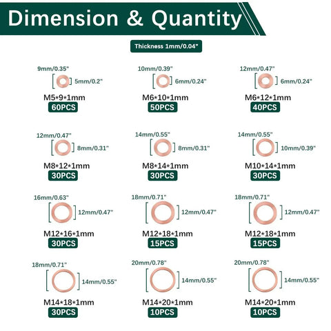 Copper Sealing Washers Set 350 Pcs 10 Sizes M5–M14 dimensions chart for auto and motorcycle use