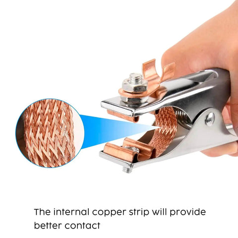 Heavy-Duty 500A Copper Welding Ground Clamp, Electroplated US Type Earth Clip, showing copper strip for better contact