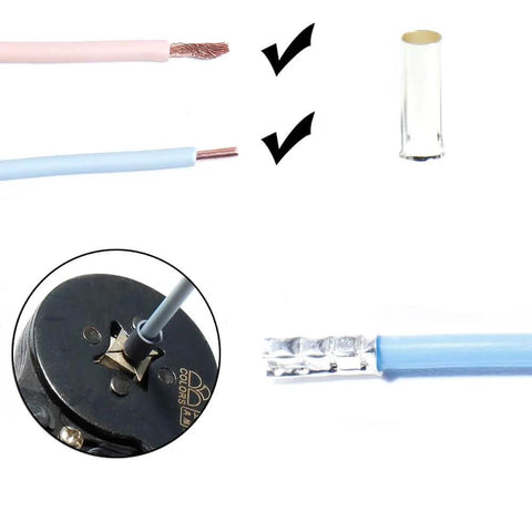 1100 Piece Wire Ferrules Kit With Tinned Copper Crimp Connectors showing close-up of ferrule, wire prep, and crimp tool use