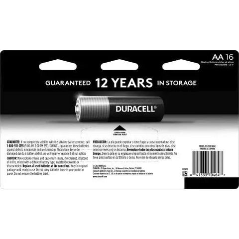 Coppertop AA Alkaline Batteries With Power Boost packaging back view showing 12-year storage guarantee and product details.