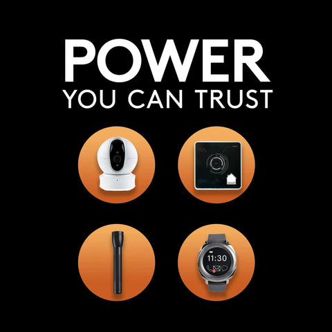 Coppertop D Alkaline Batteries 8 Pack For Household And Office Devices powering camera, speaker, flashlight, and smartwatch icons