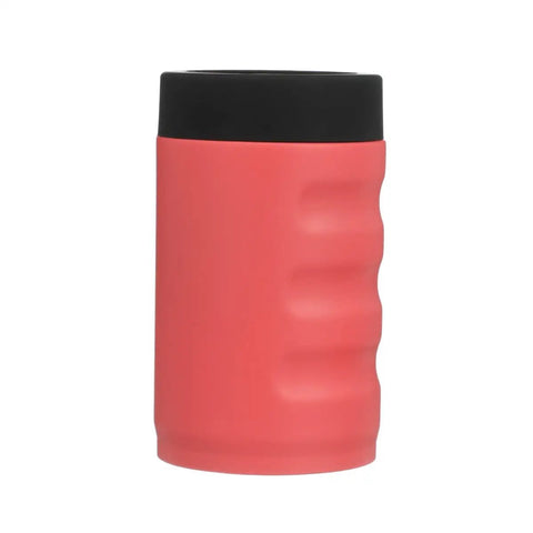 Coral Stainless Steel Vacuum Insulated Can Cooler for 12 oz beer and soda cans with grip, keeps drinks ice cold longer with double wall insulation.