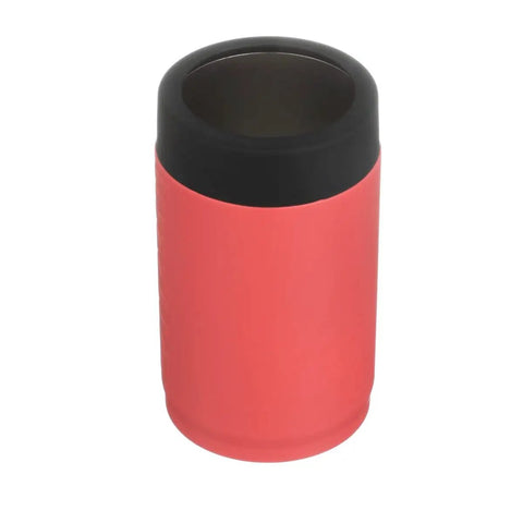 Coral stainless steel vacuum insulated can cooler for 12 oz beer and soda cans, with double wall insulation and secure grip.