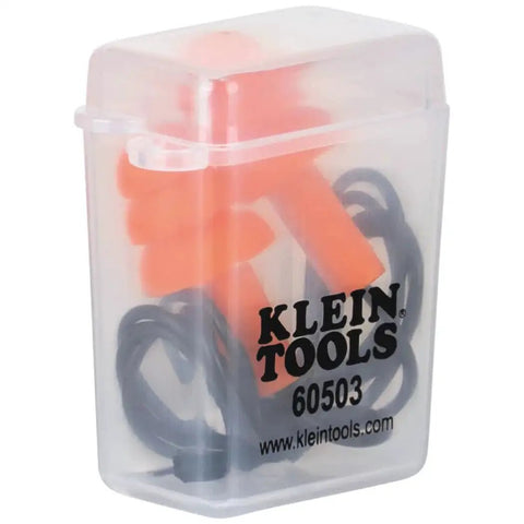 Corded Reusable Earplugs With 25dB NRR in bright orange case, shown with flexible tips and cord, pack of six for construction environments