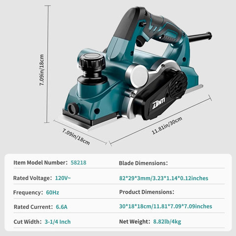 Corded Electric Handheld Planer Six Point Six Amp 17000 RPM Three And A Quarter Inch Cut Width for woodworking projects