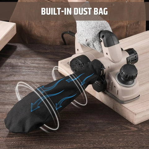 Effortlessly smooth and shape wood with a corded electric hand planer, delivering a 7.7 Amp motor at 15,000 RPM, a built-in dust bag