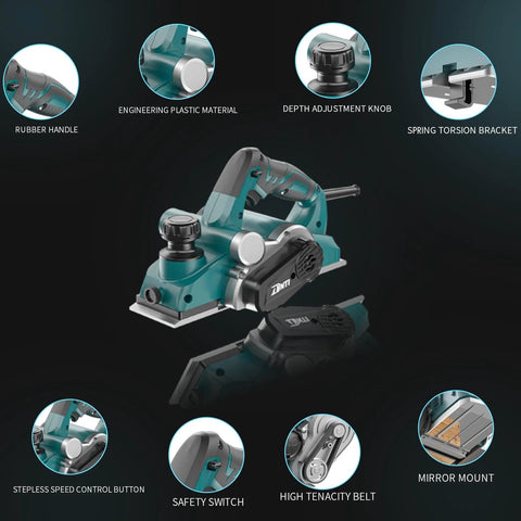 Corded Electric Handheld Planer Six Point Six Amp 17000 RPM Three And A Quarter Inch Cut Width with labeled features.