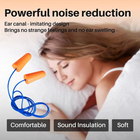 Woman sleeping with NRR 33dB Foam Ear Plugs With Cord Individually Packed 100 Pairs Per Box For Work And Construction Sites Bright Orange For High Visibility A Safe Hearing Protection Solution ANSI Certified Comfortable Soft Foam on pillow
