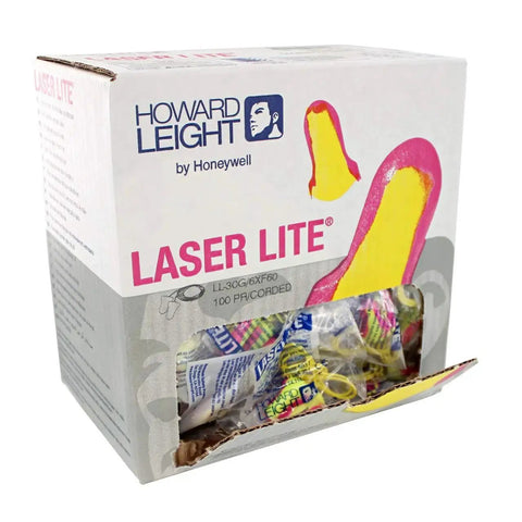 Laser Lite High Visibility Corded Disposable Foam Earplugs 100 Pairs Pink And Yellow For Distinctive Visual Safety NRR 32 packaging