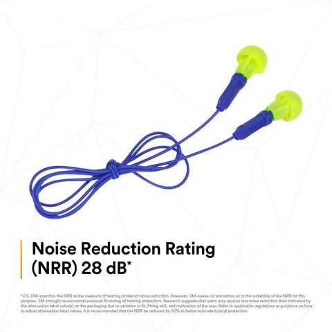 Comfortable Foam Push In Earplugs With Corded Design, 28 dB Noise Reduction Rating, showing attached neck cord and bright yellow foam tips.