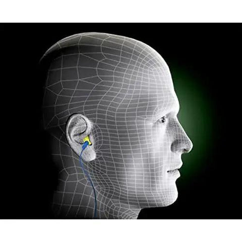 Comfortable Foam Push In Earplugs With Corded Design, 28 dB Noise Reduction Rating, shown installed in ear on grid model head