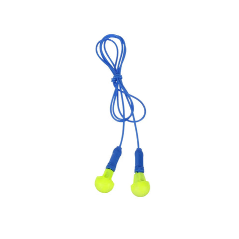 Comfortable Foam Push In Earplugs With Corded Design, 28 dB Noise Reduction Rating, hanging blue cord, yellow foam tips