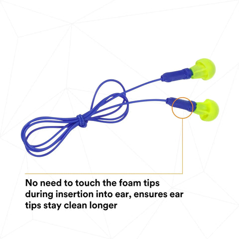Comfortable Foam Push In Earplugs With Corded Design, 28 dB Noise Reduction Rating, 100 Pair Pack In Clean Poly Bag, close-up view